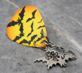 Swarm of Bats Guitar Pick Pin or Tie Tack with Stainless Steel Bat Charm Dangles