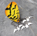 Swarm of Bats Guitar Pick Pin or Tie Tack with Stainless Steel Bat Charm Dangles