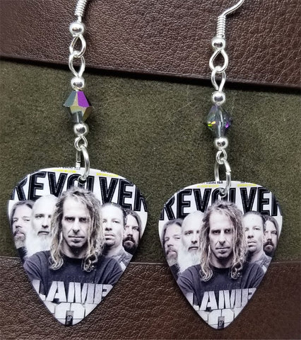 Lamb of God on the Cover of Revolver Magazine Guitar Pick Earrings with Crystals
