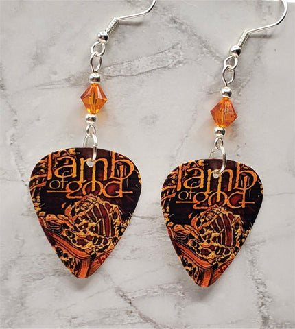 Lamb of God Guitar Pick Earrings with Orange Swarovski Crystals