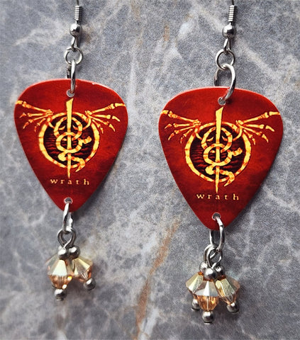 Lamb of God Wrath Guitar Pick Earrings with Golden Swarovski Crystal Dangles