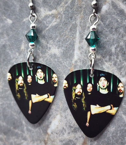 Lamb of God Group Picture Guitar Pick Earrings with Green Swarovski Crystals