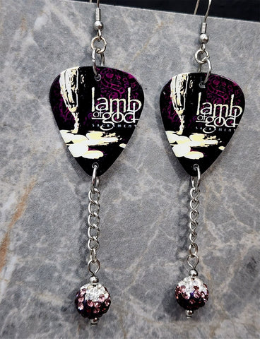 Lamb of God Sacrament Guitar Pick Earrings with Purple Ombre Pave Bead Dangles