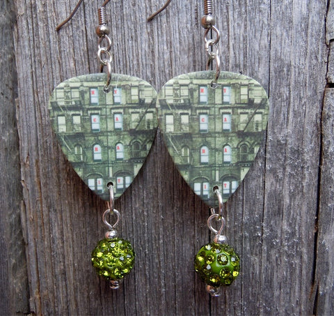Led Zeppelin Physical Graffiti Guitar Pick Earrings with Green Pave Bead Dangles