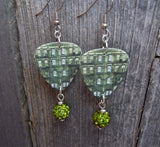 Led Zeppelin Physical Graffiti Guitar Pick Earrings with Green Pave Bead Dangles