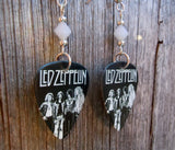 Led Zeppelin Black and White Group Drawing Guitar Pick Earrings with White Swarovski Crystals
