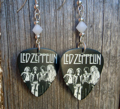 Led Zeppelin Black and White Group Drawing Guitar Pick Earrings with White Swarovski Crystals