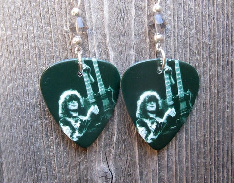 Led Zeppelin Jimmy Page On Stage Guitar Pick Earrings with Grey Swarovski Crystals