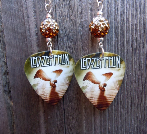 Led Zeppelin Stairway to Heaven Guitar Pick Earrings with Brown Ombre Pave Beads