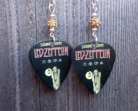 Led Zeppelin Stairway to Heaven Guitar Pick Earrings with Tan Pave Beads