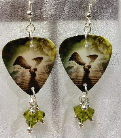Led Zeppelin Stairway to Heaven Guitar Pick Earrings with Green Swarovski Crystal Dangles