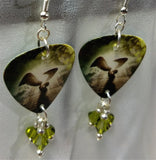 Led Zeppelin Stairway to Heaven Guitar Pick Earrings with Green Swarovski Crystal Dangles