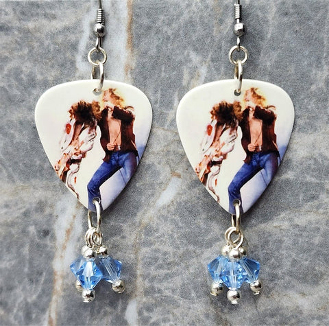 Led Zeppelin On Stage Guitar Pick Earrings with Blue Swarovski Crystal Dangles
