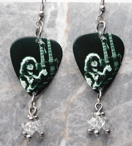 Led Zeppelin Jimmy Page On Stage Guitar Pick Earrings with Clear Swarovski Crystal Dangles