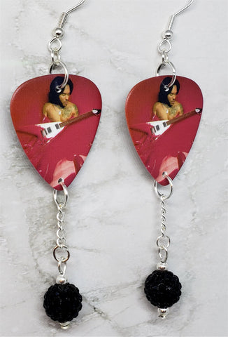 Lenny Kravitz Baptism Guitar Pick Earrings with Black Pave Bead Dangles