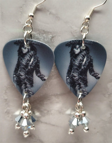 Lenny Kravitz Mama Said Guitar Pick Earrings with Metallic Silver Swarovski Crystal Dangles