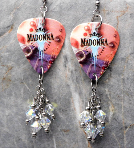 Madonna Like a Prayer Guitar Pick Earrings with Clear AB Swarovski Crystal Dangles