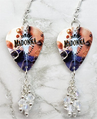 Madonna Like a Prayer Guitar Pick Earrings with Clear AB Swarovski Crystal Dangles
