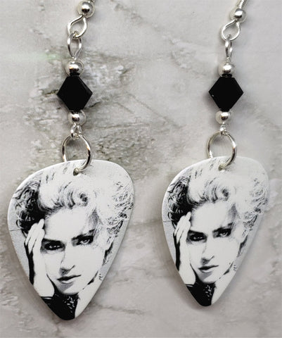 Madonna Debut Album Cover Guitar Pick Earrings with Black Swarovski Crystals