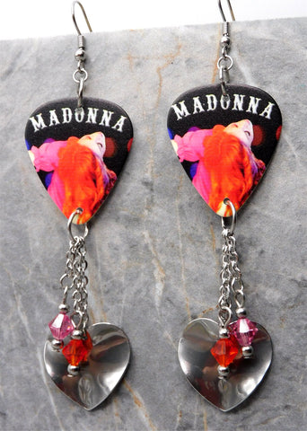 Madonna Confessions On A Dance Floor Guitar Pick Earrings with Stainless Steel Heart Charms and Swarovski Crystal Dangles