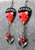 Madonna Confessions On A Dance Floor Guitar Pick Earrings with Stainless Steel Heart Charms and Swarovski Crystal Dangles