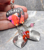 Madonna Confessions On A Dance Floor Guitar Pick Earrings with Stainless Steel Heart Charms and Swarovski Crystal Dangles