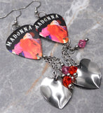 Madonna Confessions On A Dance Floor Guitar Pick Earrings with Stainless Steel Heart Charms and Swarovski Crystal Dangles