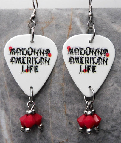 Madonna American Life Guitar Pick Earrings with Red Swarovski Crystal Dangles
