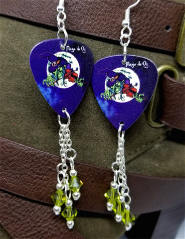 Mago de Oz Mägo de Oz La Bruja Guitar Pick Earrings with Green Swarovski Crystal Dangles