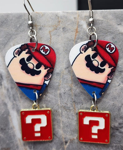 Super Mario Bros Mario Guitar Pick Earrings with Question Box Red Charms