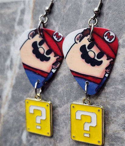 Super Mario Bros Mario Guitar Pick Earrings with Yellow Question Box Charms