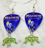 Megadeth Rust In Peace Guitar Pick Earrings with Green Swarovski Crystal Dangles