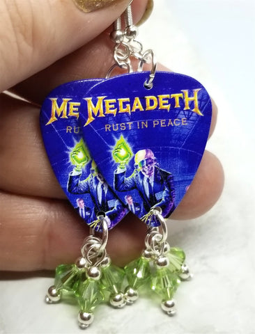 Megadeth Rust In Peace Guitar Pick Earrings with Green Swarovski Crystal Dangles