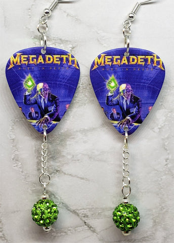 Megadeth Rust In Peace Guitar Pick Earrings with Green Pave Bead Dangles