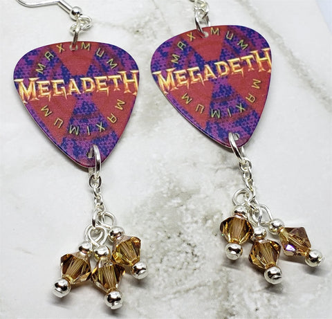 Megadeth Maximum Guitar Pick Earrings with Metallic Sunshine Swarovski Crystal Dangles