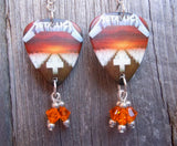 Metallica Master of Puppets Guitar Pick Earrings with Orange Swarovski Crystal Dangles