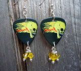Metallica Flaming Skull Guitar Pick Earrings with Yellow Swarovski Crystal Dangles