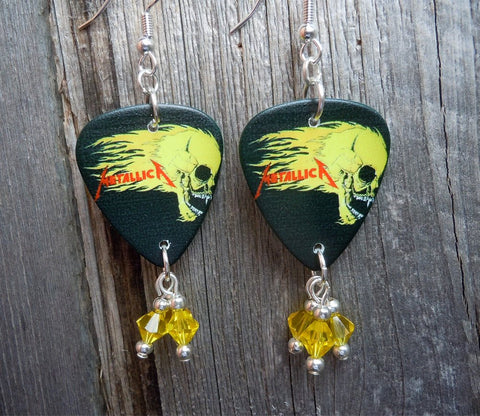 Metallica Flaming Skull Guitar Pick Earrings with Yellow Swarovski Crystal Dangles