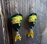 Metallica Flaming Skull Guitar Pick Earrings with Yellow Swarovski Crystal Dangles