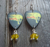 Metallica Flaming Skull Guitar Pick Earrings with Yellow Swarovski Crystal Dangles