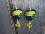 Metallica Flaming Skull Guitar Pick Earrings with Yellow Swarovski Crystal Dangles