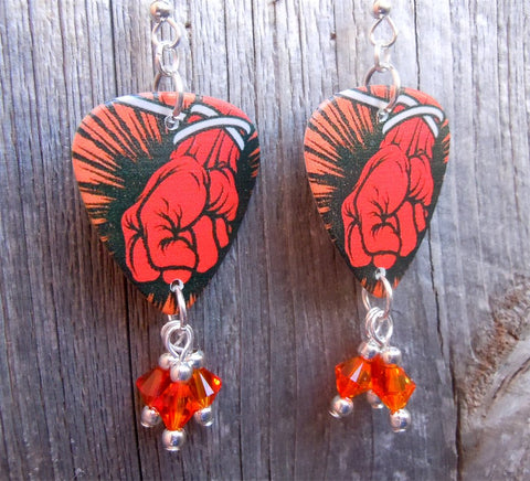 Metallica St Anger Guitar Pick Earrings with Orange Swarovski Crystal Dangles