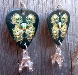 Metallica Skull Artwork Guitar Pick Earrings with Silk Swarovski Crystal Dangles