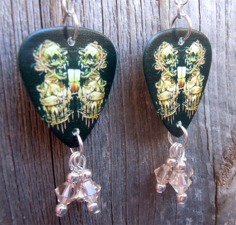 Metallica Skull Artwork Guitar Pick Earrings with Silk Swarovski Crystal Dangles