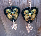 Metallica Skull Artwork Guitar Pick Earrings with Silk Swarovski Crystal Dangles