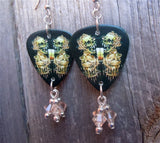 Metallica Skull Artwork Guitar Pick Earrings with Silk Swarovski Crystal Dangles
