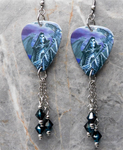 Metallica Grim Reaper Guitar Pick Earrings with Two Color Blended Swarovski Crystal Dangles