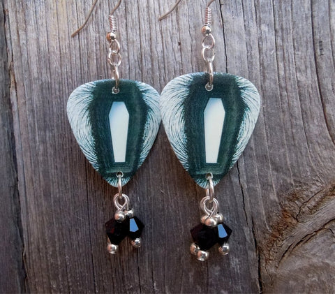 Metallica Death Magnetic Album Guitar Pick Earrings with Black Swarovski Crystal Dangles