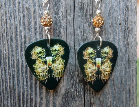 Metallica Skull Artwork Guitar Pick Earrings with Tan Pave Beads