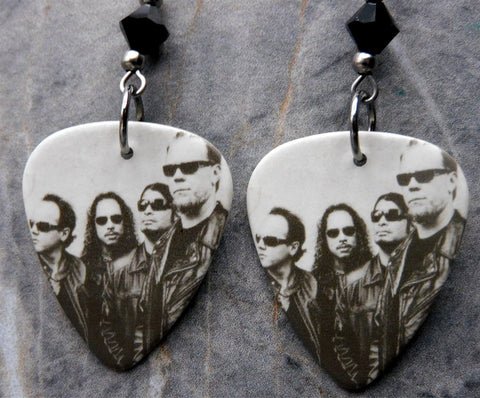 Metallica Group Picture Guitar Pick Earrings with Black Swarovski Crystals
